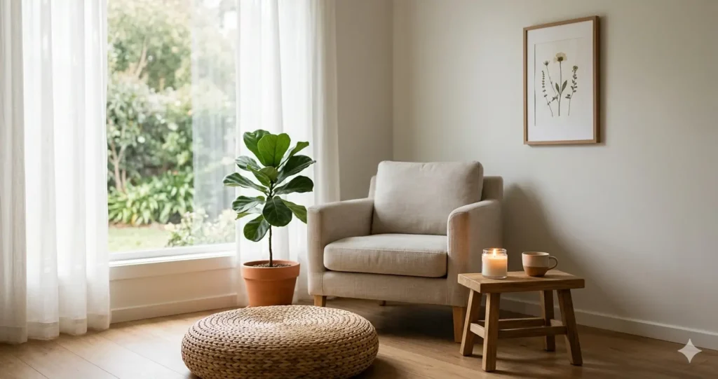 A minimalist indoor home sanctuary for energy recharge, featuring natural textures with a rattan floor cushion and wooden stool, a warm candle for ambient lighting, and botanical wall art by a sunlit window, illustrating a dedicated space for daily rituals.
