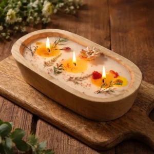cozy home decor with botanical soy candle in wooden bowl
