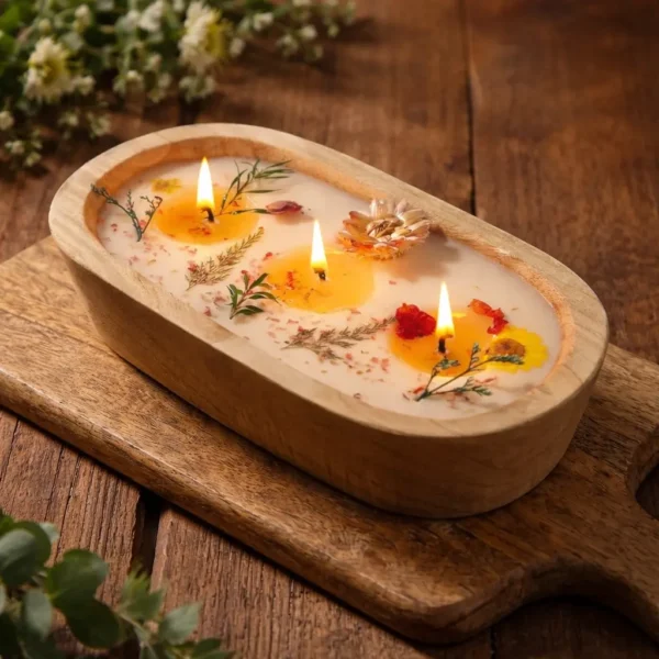 cozy home decor with botanical soy candle in wooden bowl