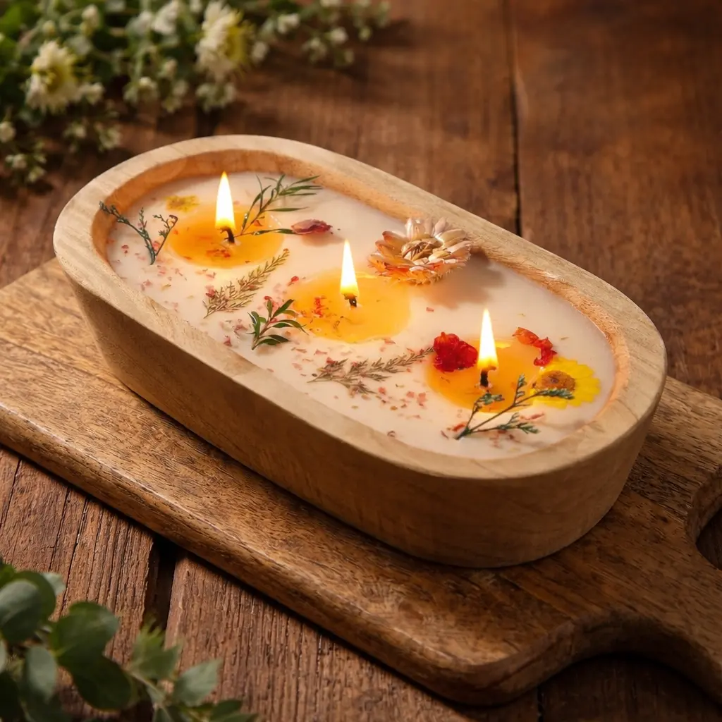 cozy home decor with botanical soy candle in wooden bowl