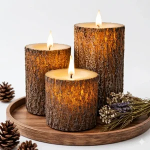 Flameless LED Candle Set of 3 – Real Wax Pine Bark Candles with Remote Timer