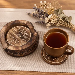 Intricate carved wooden coaster holder_1