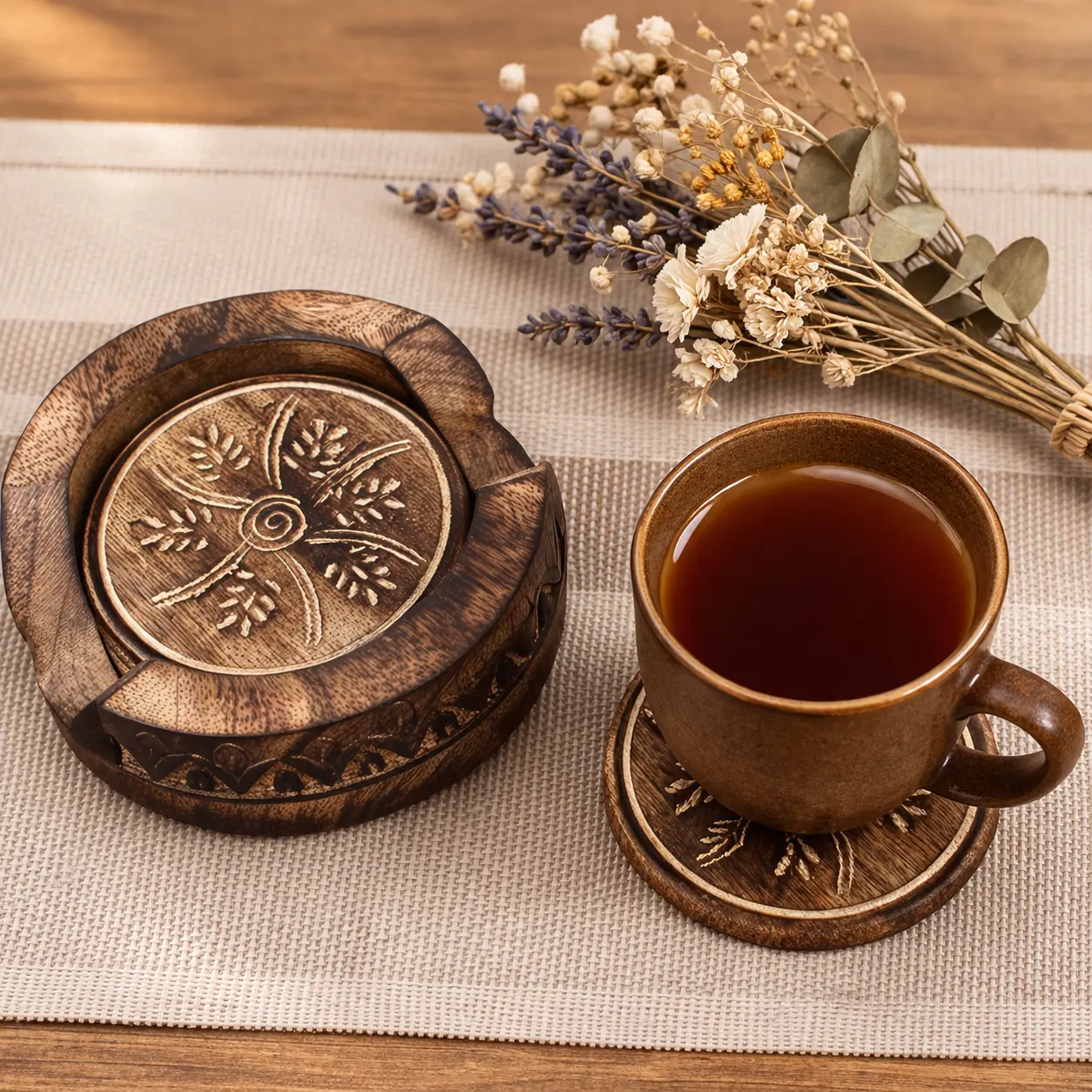 Intricate carved wooden coaster holder_1