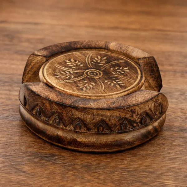 Intricate carved wooden coaster holder_2