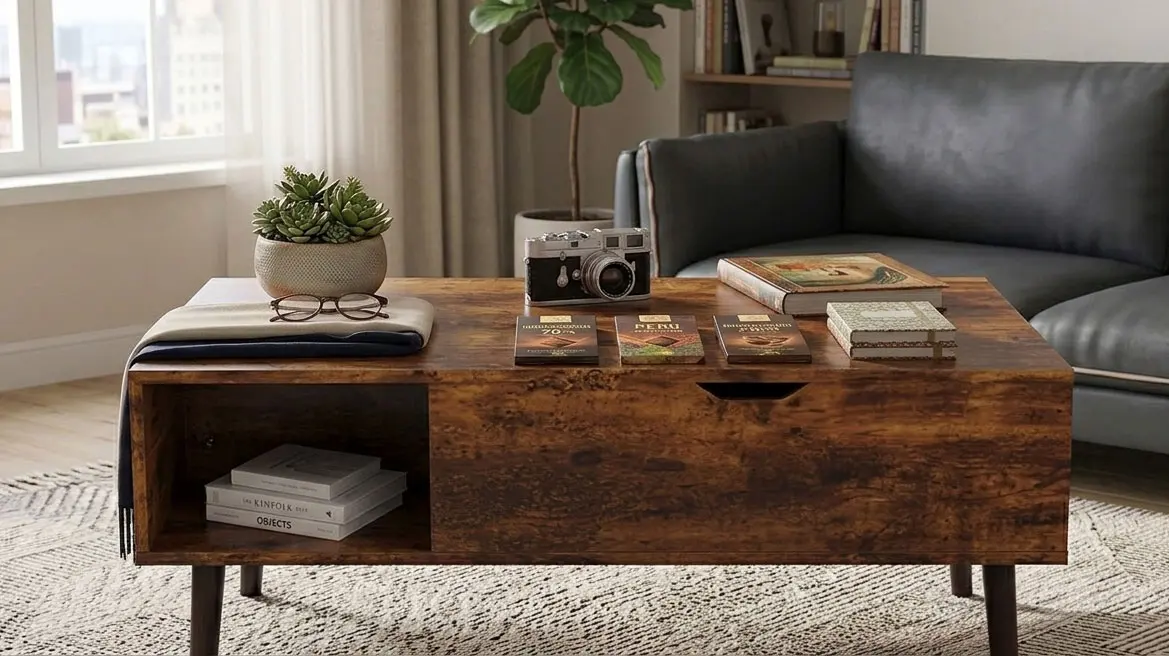 Multifunctional Lift-Top Wooden Coffee Table with Hidden Storage