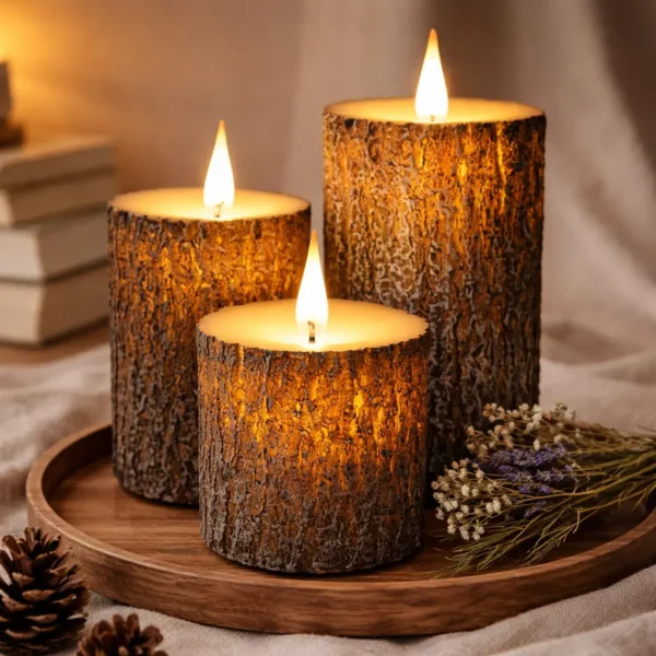 LED Pine Bark Flameless Candles Set of 3 Real Wax with Remote Timer