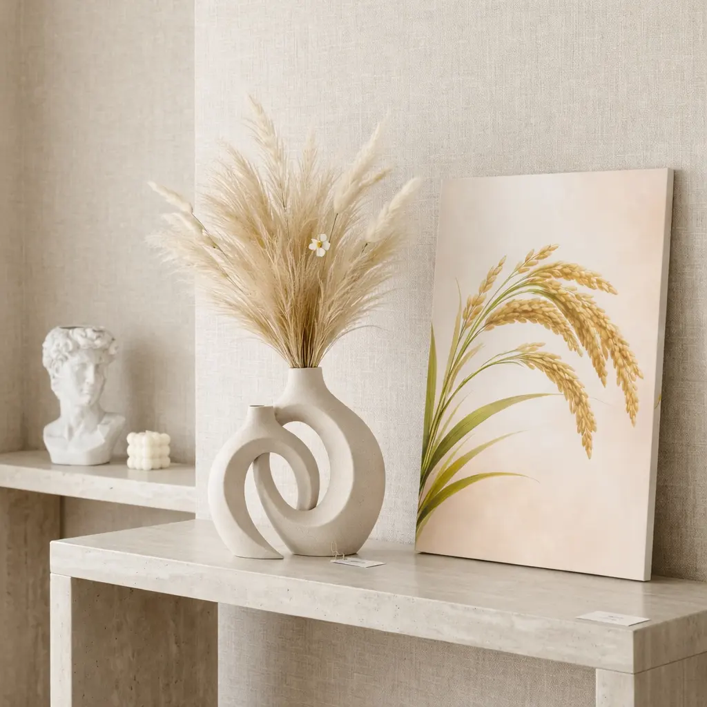 Curvy Sculptural Ceramic Vase Set paired with Golden Rice Stalk Art for a Modern Mindful Sanctuary