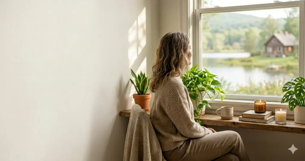 A peaceful woman sitting by a sunlit window, looking out at a serene lake view with natural wood decor, green plants, and a warm cup of coffee. The setting represents a life that feels good and mindful living, featuring a calming indoor atmosphere with soft golden hour light and minimalist aesthetic.