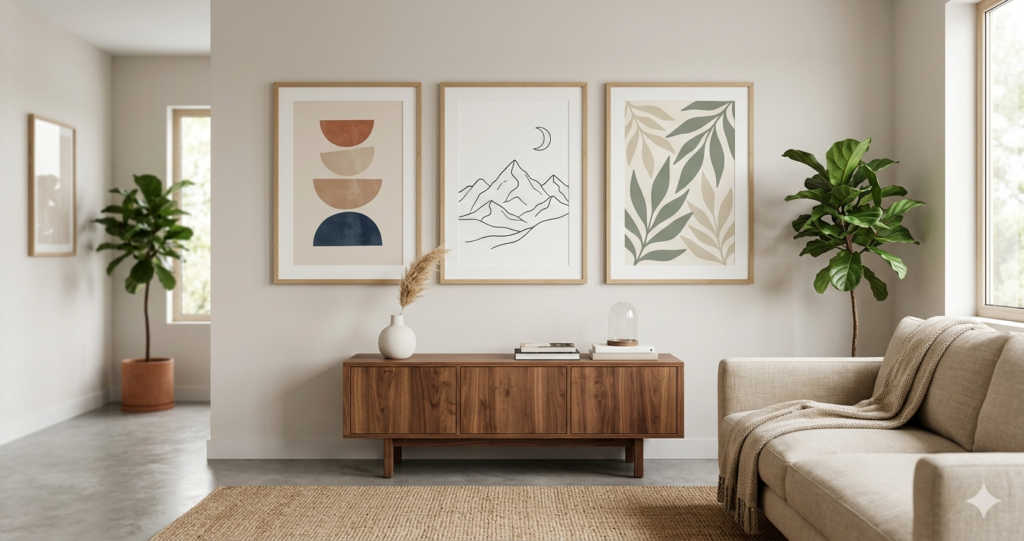 A stylish, sunlit living room featuring a curated display of three different style framed digital art prints—abstract, botanical, and minimalist line art—on a natural wood and woven cane console, illustrating a personalized aesthetic and mindful home space.