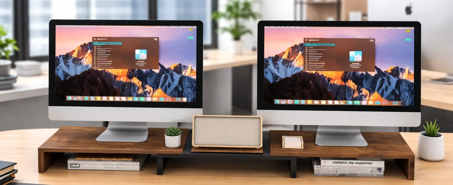 Dual monitor wooden desk organizer stand with storage for office essentials in a modern workspace organization setup