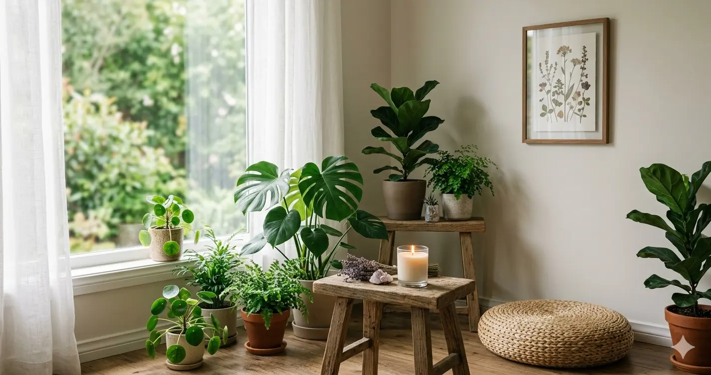 A tranquil indoor forest bathing corner featuring a soy wax scented candle, a rattan meditation cushion, and lush green potted plants by a sunlit window.