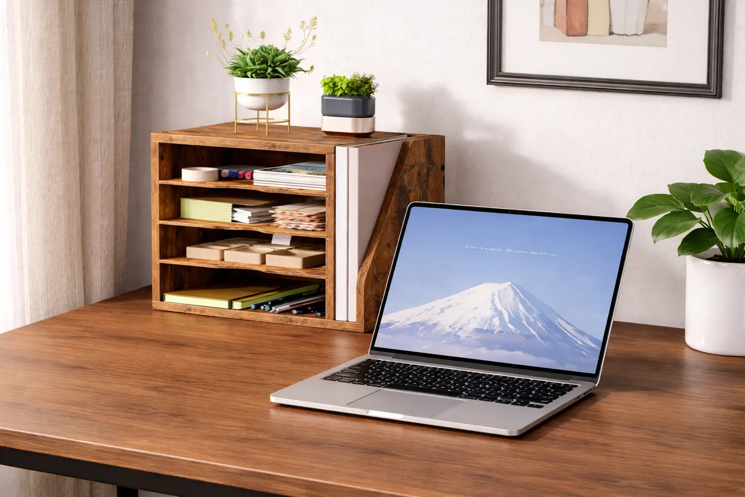 simple desk organization setup with wooden organizer for a calm and focused workspace