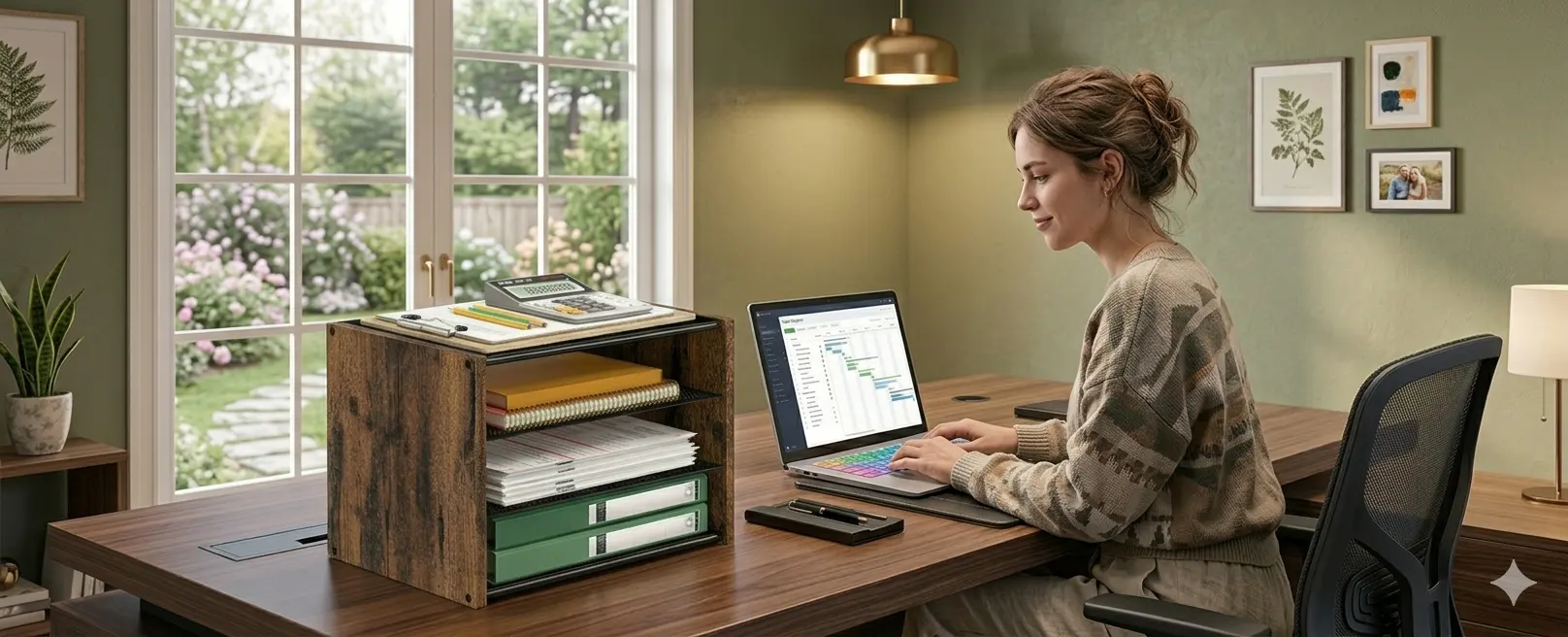 Rustic wooden desktop file organizer with shelves for documents and binders in a modern home office workspace