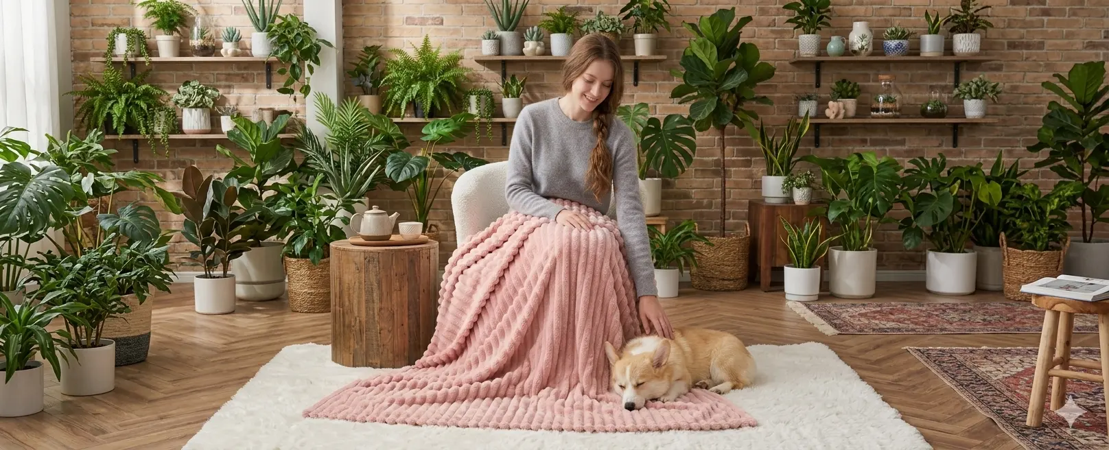 soft pink flannel fleece throw blanket cozy home decor with woman relaxing on chair