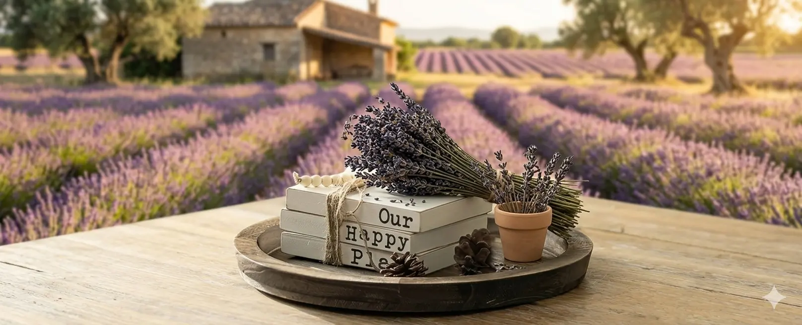 round wood candle plate holder tray with lavender decor rustic home setting