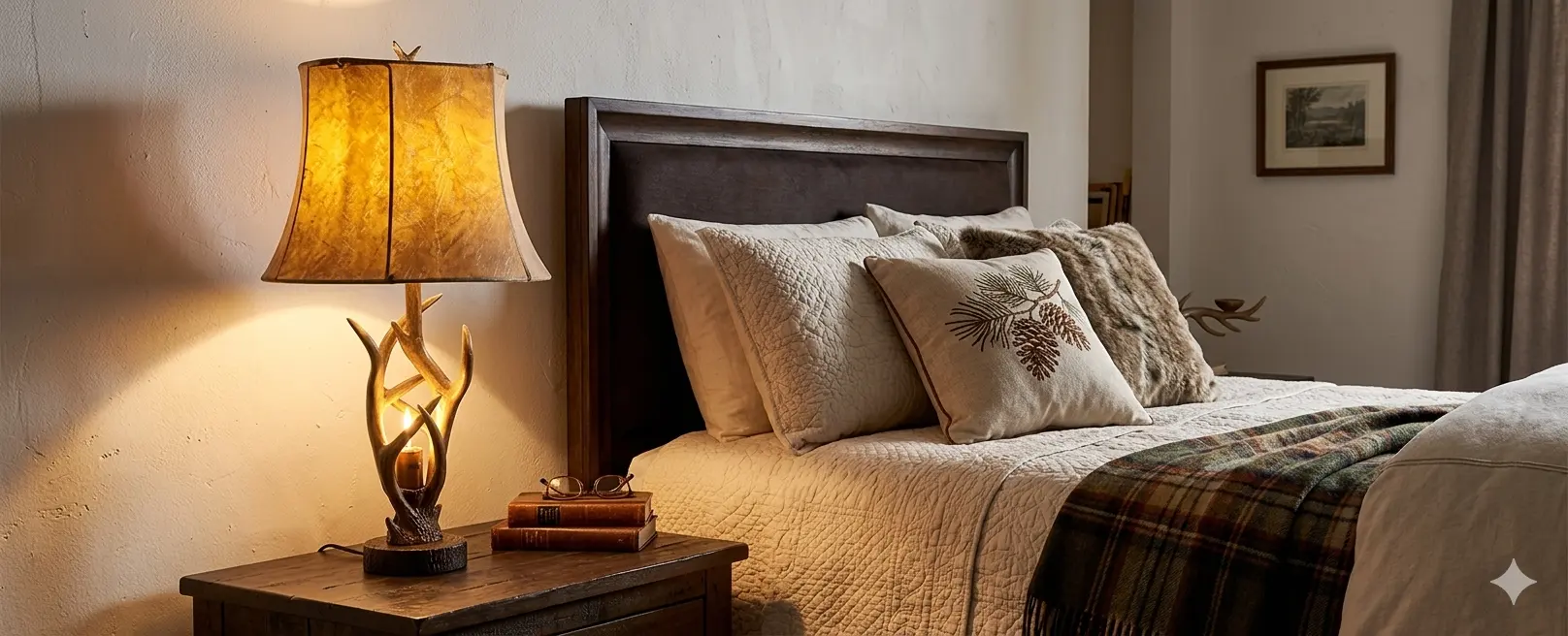 Wooden antler style table lamp for bedroom with warm light cozy rustic home decor aesthetic
