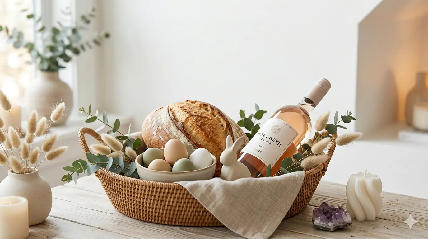 adult easter basket ideas with sourdough bread, wine, pastel eggs and botanical decor in a minimal aesthetic style