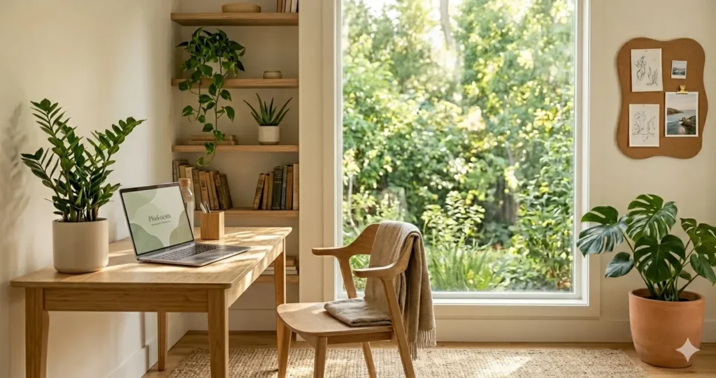 Modern sustainable home office featuring a laptop on a natural light wood desk, surrounded by air-purifying plants like Monstera and ZZ plant. Large window with soft sunlight and garden view, minimalist eco-friendly workspace design for creativity and focus, following a slow living and aesthetic home decor style