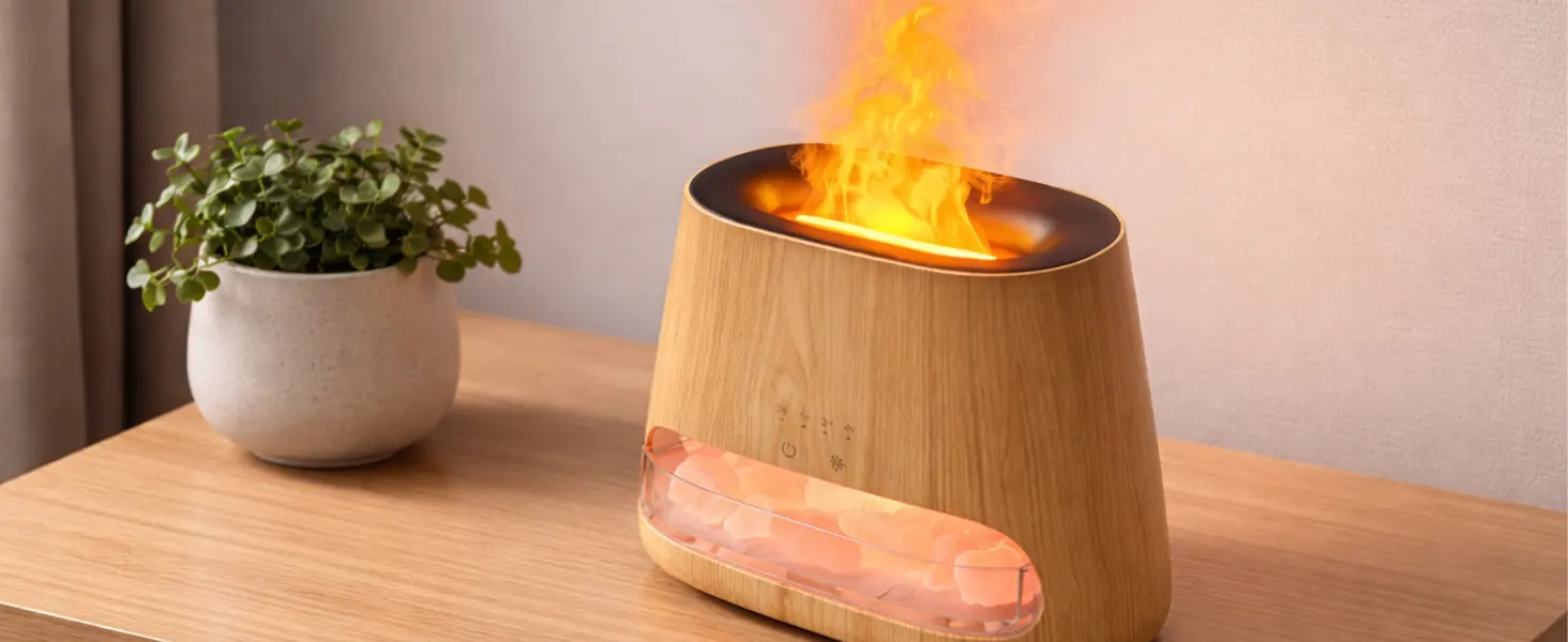 Ultrasonic aromatherapy diffuser with flame effect and wood design for home relaxation and air humidifying