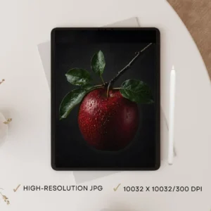 10K Ultra-High Res Digital Print – Red Apple & Botanical Leaf, Large Format Printable Art