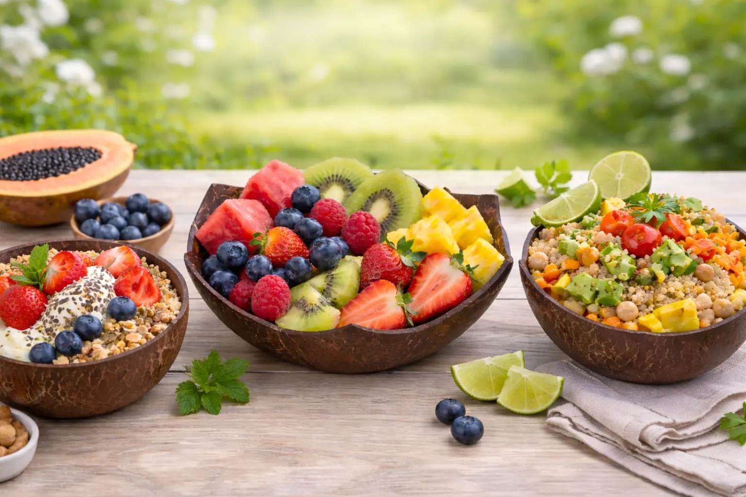 Coconut bowls with colorful healthy food for hosting and entertaining, including fruit bowl, yogurt granola, and quinoa salad on rustic wooden table in natural outdoor setting