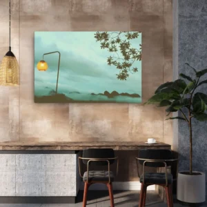 Cozy misty mountain landscape with warm glowing lamp and soft light