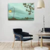 Cozy misty mountain landscape with warm glowing lamp and soft light