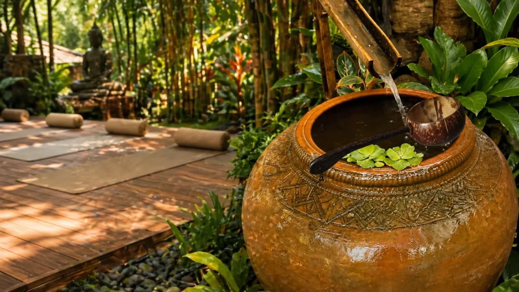Peaceful meditation garden corner with natural clay water jar and coconut shell water ladle