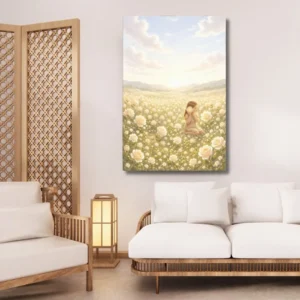 Child in White Rose Meadow – Minimalist Art Canvas