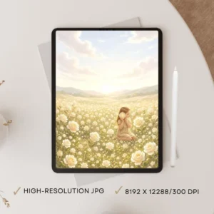 Child in White Rose Meadow – Minimalist Art Canvas | Premium Printable Wall Art