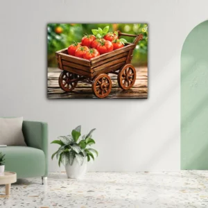 Vintage Farmhouse Harvest: Tomatoes in Wooden Wheelbarrow – Canvas Wall Art