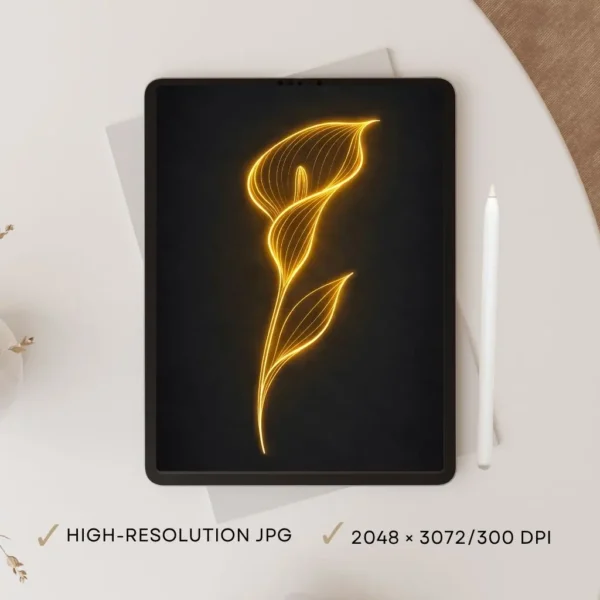 Golden Calla Lily Line Art on Dark Background