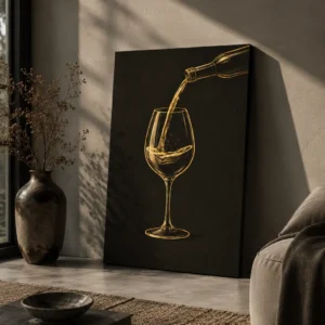 Golden Glow Wine Pour Line Art Canvas | Black Background Luxury Wall Art