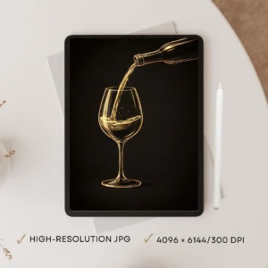 Golden Glow Wine Pour Line Art | Minimal Black Luxury Printable Wall Art