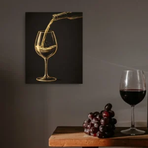 Golden Glow Wine Pour Line Art Canvas | Black Background Luxury Wall Art