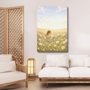 Golden Hour Meadow: Girl with White Roses Canvas Art