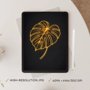 Golden Glow Monstera Leaf Printable Wall Art | Minimal Gold Line Digital Download