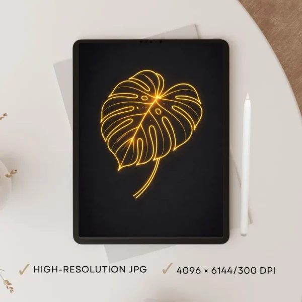 Golden Glow Monstera Leaf Printable Wall Art | Minimal Gold Line Digital Download
