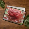 red dahlia floral laptop sleeve aesthetic protective case with soft fabric and zipper on wooden background