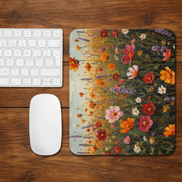 wildflower meadow mouse pad colorful floral desk mat aesthetic workspace setup with keyboard and mouse