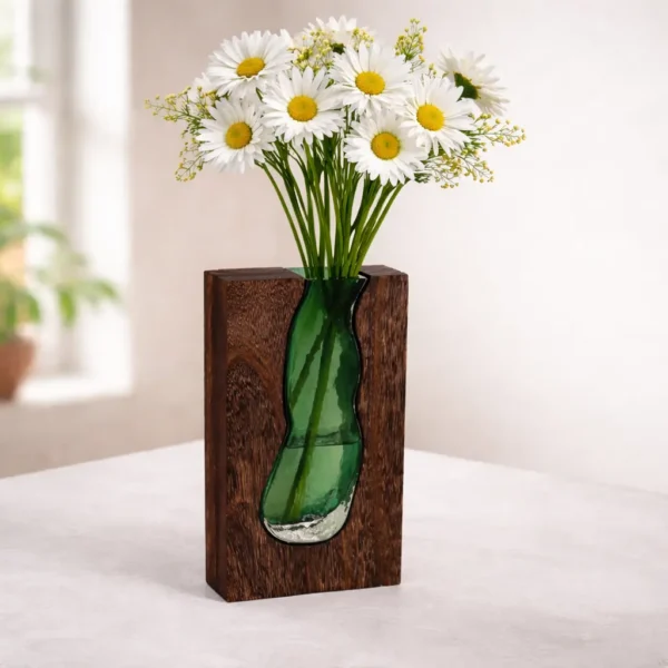 Wooden Glass Flower Vase Solid Wood Glass Vase Home Decor_2