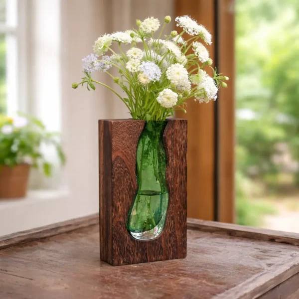 Wooden Glass Flower Vase Solid Wood Glass Vase Home Decor_1