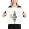 Woman holding zen stone wall art print, peaceful meditation decor for home