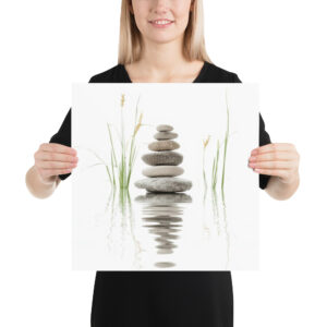 Woman holding zen stone wall art print, peaceful meditation decor for home