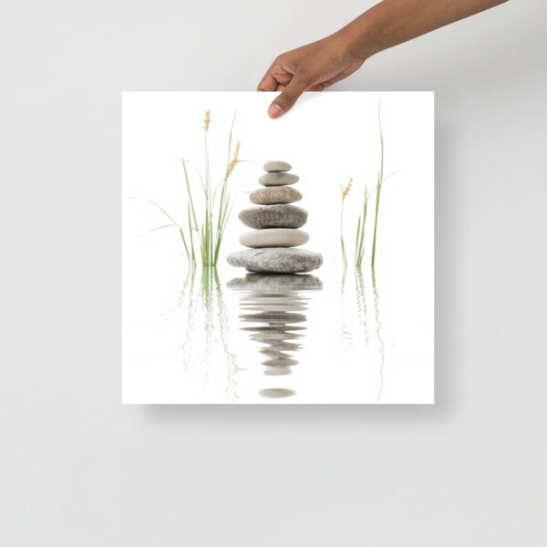 Close-up view of zen stone wall art print showing natural stones and reflection in water