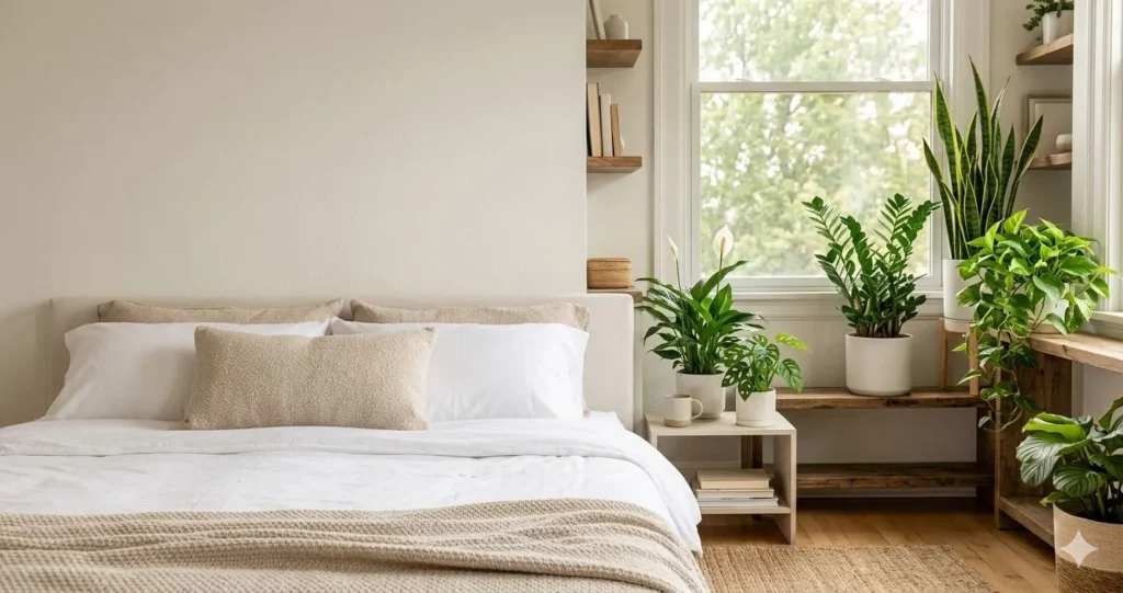 Serene and aesthetic bedroom interior with off-white bedding and natural wood decor. Featuring air-purifying plants like snake plant, monstera, and pothos by the window in soft morning light for positive energy and restful atmosphere.