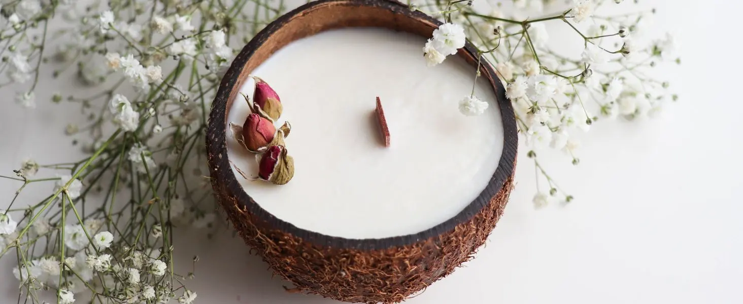 coconut shell candle holder with natural wax and flowers eco-friendly home decor coconut bowl candle