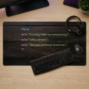 Coding mousepad with PHP message on a minimalist desk setup
