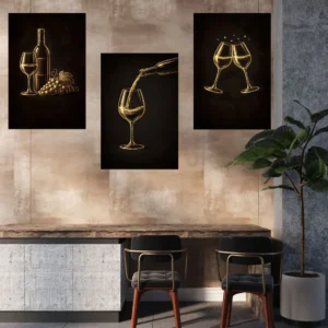 Golden Glow Wine Pour Set of 3 Prints | Black & Gold Luxury Wall Art Bundle