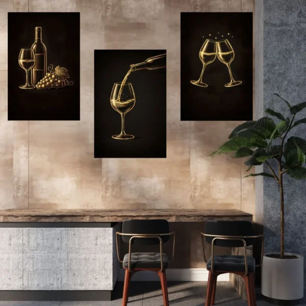 Golden Glow Wine Pour Set of 3 Prints | Black & Gold Luxury Wall Art Bundle